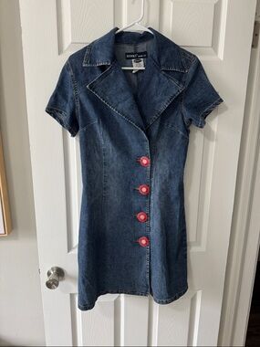 VINTAGE Revolt Jeans Dark Blue Denim Mini Dress with Red Buttons